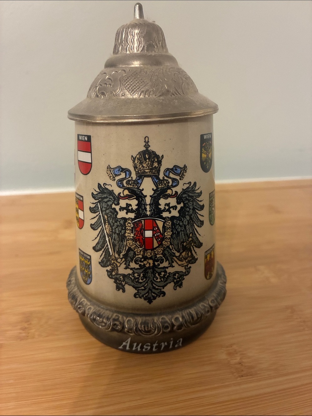 Austria Decorative Ceramic Beer Stein with Pewter-Tone Lid - Cream
